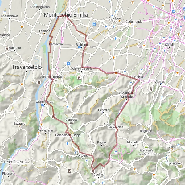 Map miniature of "Gravel Adventure through the Crostolo Valley" cycling inspiration in Emilia-Romagna, Italy. Generated by Tarmacs.app cycling route planner