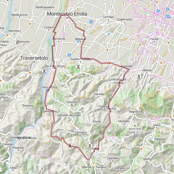 Miniatua del mapa de inspiración ciclista "Ruta de gravel desde Bibbiano a Castello di Montecchio" en Emilia-Romagna, Italy. Generado por Tarmacs.app planificador de rutas ciclistas