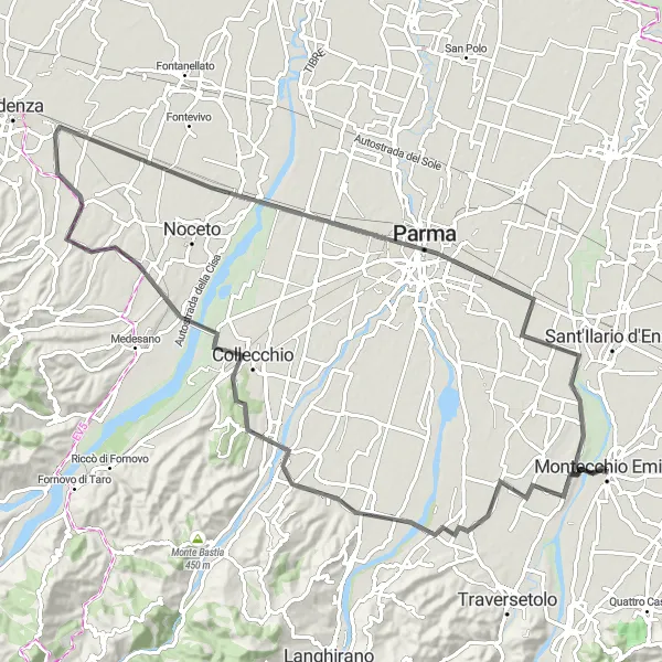 Miniature de la carte de l'inspiration cycliste "La campagne de Parma" dans la Emilia-Romagna, Italy. Générée par le planificateur d'itinéraire cycliste Tarmacs.app