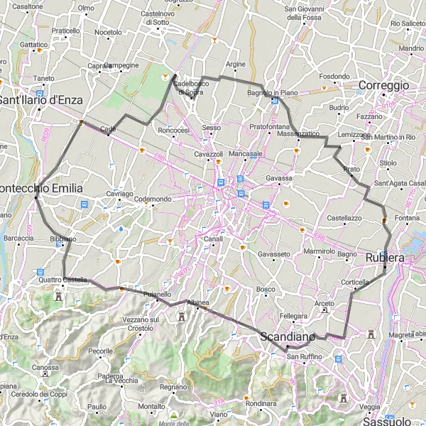 Miniatua del mapa de inspiración ciclista "Tour de Cadè a Castello di Montecchio" en Emilia-Romagna, Italy. Generado por Tarmacs.app planificador de rutas ciclistas