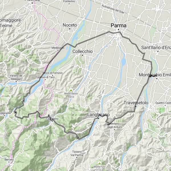 Miniatura mapy "Ekscytująca pętla rowerowa z Montecchio Emilia przez Langhirano do Castello di Montecchio" - trasy rowerowej w Emilia-Romagna, Italy. Wygenerowane przez planer tras rowerowych Tarmacs.app
