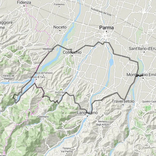 Miniatura della mappa di ispirazione al ciclismo "Sfida in bicicletta tra i castelli emiliani" nella regione di Emilia-Romagna, Italy. Generata da Tarmacs.app, pianificatore di rotte ciclistiche