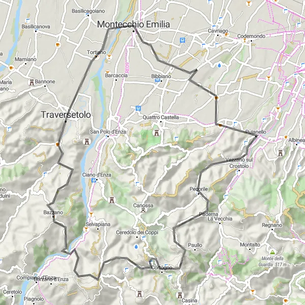 Miniaturní mapa "Okružní cyklistická trasa kolem Montecchia Emilia" inspirace pro cyklisty v oblasti Emilia-Romagna, Italy. Vytvořeno pomocí plánovače tras Tarmacs.app