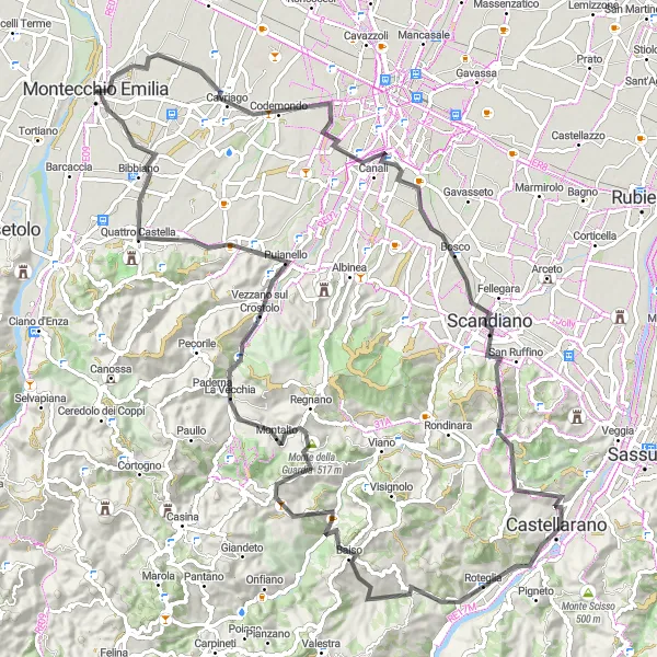 Map miniature of "Montecchio Emilia to Bibbiano" cycling inspiration in Emilia-Romagna, Italy. Generated by Tarmacs.app cycling route planner