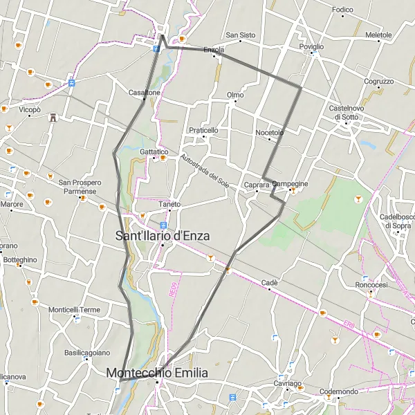 Zemljevid v pomanjšavi "Krožna cestna tura skozi Emilia-Romagna" kolesarske inspiracije v Emilia-Romagna, Italy. Generirano z načrtovalcem kolesarskih poti Tarmacs.app