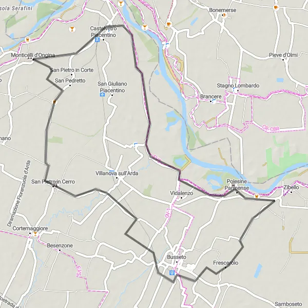 Miniature de la carte de l'inspiration cycliste "Balade charmante de Monticelli d'Ongina" dans la Emilia-Romagna, Italy. Générée par le planificateur d'itinéraire cycliste Tarmacs.app