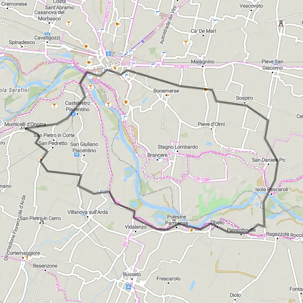 Miniaturní mapa "Cyklistická trasa na silnici k Cremoně" inspirace pro cyklisty v oblasti Emilia-Romagna, Italy. Vytvořeno pomocí plánovače tras Tarmacs.app