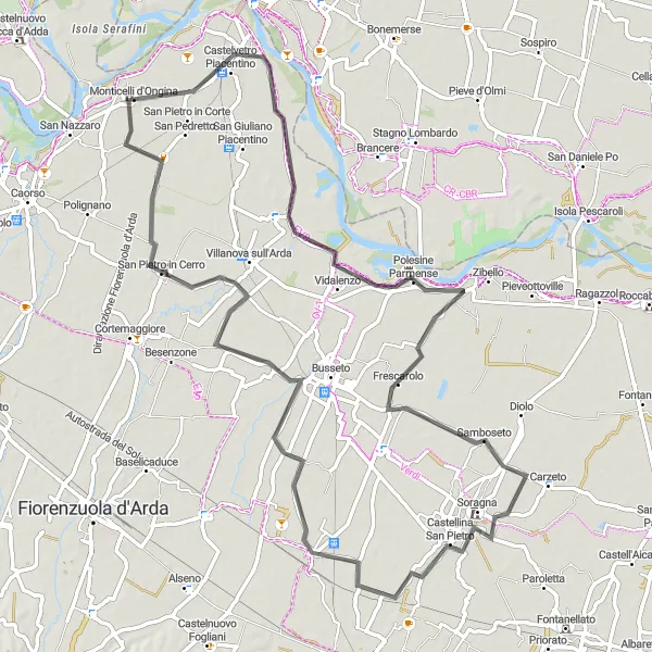 Zemljevid v pomanjšavi "Pot doživetja okoli Monticelli d'Ongina" kolesarske inspiracije v Emilia-Romagna, Italy. Generirano z načrtovalcem kolesarskih poti Tarmacs.app