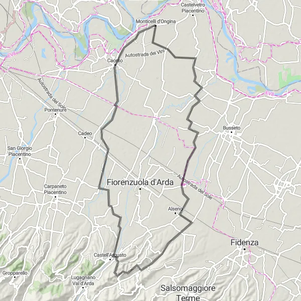 Miniatura della mappa di ispirazione al ciclismo "Colline dell'Arda" nella regione di Emilia-Romagna, Italy. Generata da Tarmacs.app, pianificatore di rotte ciclistiche