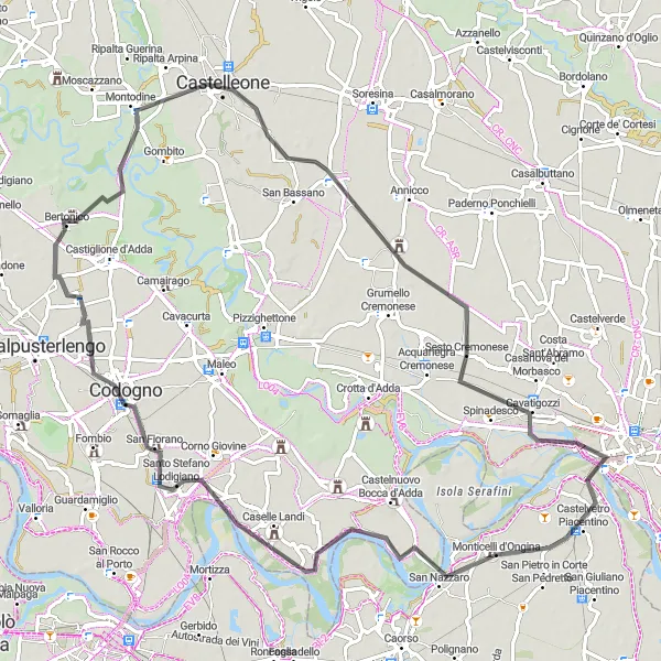 Kartminiatyr av "Utforska de natursköna omgivningarna kring Castelleone" cykelinspiration i Emilia-Romagna, Italy. Genererad av Tarmacs.app cykelruttplanerare