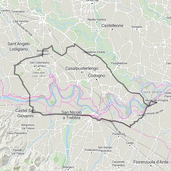 Miniatua del mapa de inspiración ciclista "Ruta de Monticelli d'Ongina a Piacenza por carretera" en Emilia-Romagna, Italy. Generado por Tarmacs.app planificador de rutas ciclistas