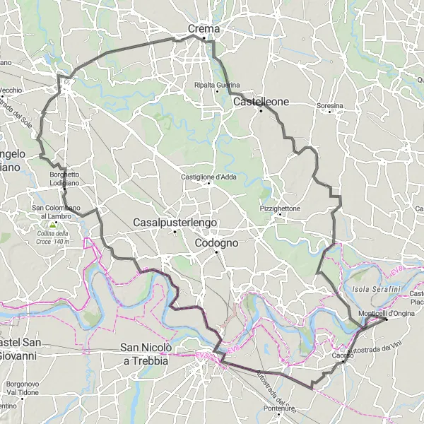 Miniaturní mapa "Cyklistická trasa na silnici k Piacenze" inspirace pro cyklisty v oblasti Emilia-Romagna, Italy. Vytvořeno pomocí plánovače tras Tarmacs.app