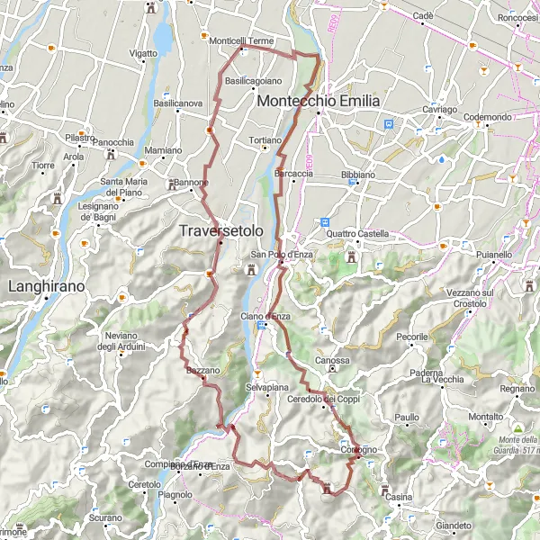 Kartminiatyr av "Grusveier og Bannone Utsiktspunkt" sykkelinspirasjon i Emilia-Romagna, Italy. Generert av Tarmacs.app sykkelrutoplanlegger