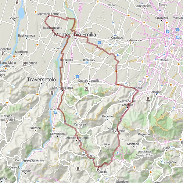 Miniature de la carte de l'inspiration cycliste "Voyage à travers Montecchio Emilia et San Polo d'Enza" dans la Emilia-Romagna, Italy. Générée par le planificateur d'itinéraire cycliste Tarmacs.app