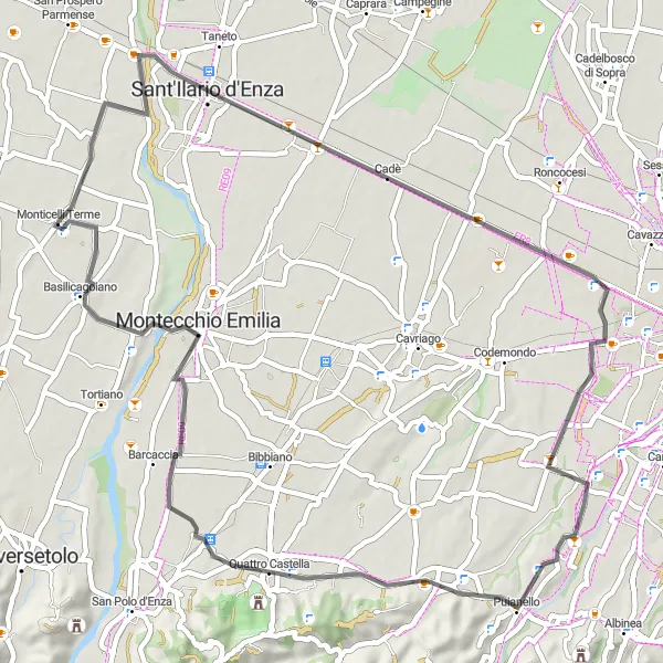 Miniaturní mapa "Cyklotrasa okolo Monticelli Terme" inspirace pro cyklisty v oblasti Emilia-Romagna, Italy. Vytvořeno pomocí plánovače tras Tarmacs.app