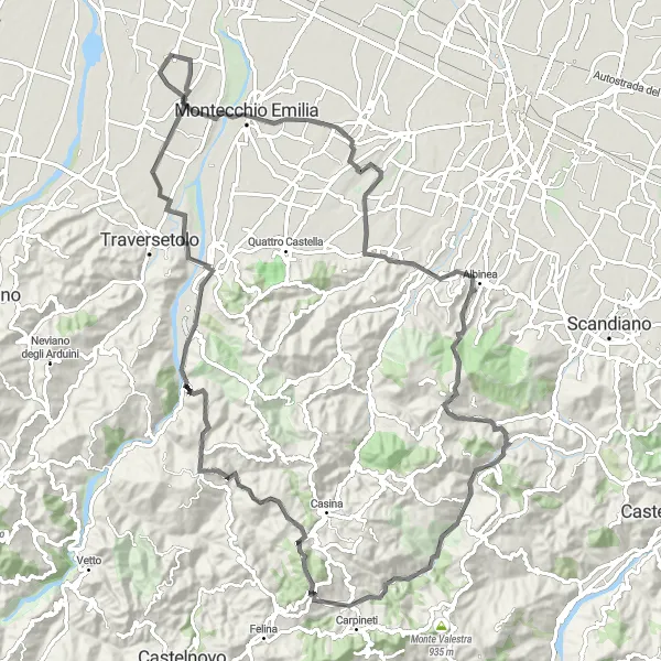 Miniature de la carte de l'inspiration cycliste "Parcours à travers Castello di Montecchio et Monte Venere" dans la Emilia-Romagna, Italy. Générée par le planificateur d'itinéraire cycliste Tarmacs.app