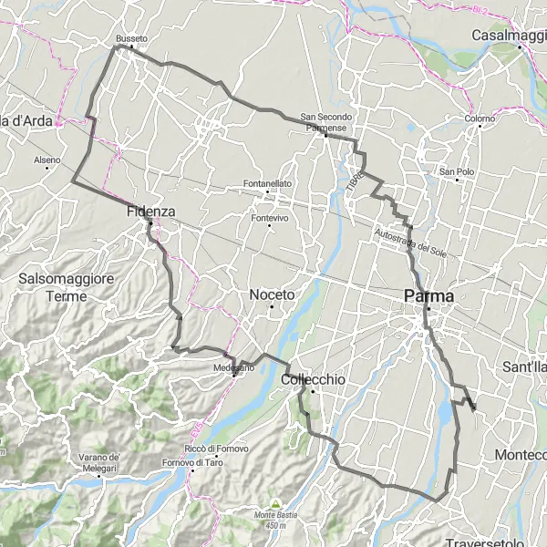 Miniaturní mapa "Výlet na silničním kole kolem Monticelli Terme" inspirace pro cyklisty v oblasti Emilia-Romagna, Italy. Vytvořeno pomocí plánovače tras Tarmacs.app