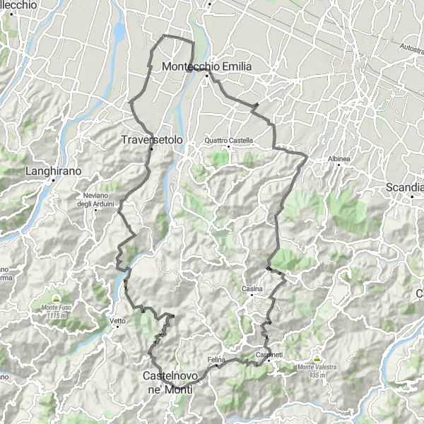 Map miniature of "Mountainous Escape" cycling inspiration in Emilia-Romagna, Italy. Generated by Tarmacs.app cycling route planner