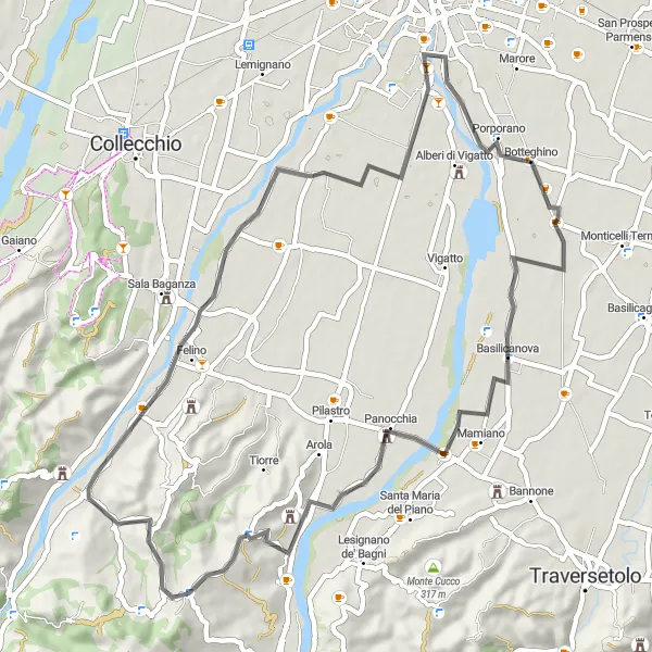 Karttaminiaatyyri "Monticelli Terme Road Adventure" pyöräilyinspiraatiosta alueella Emilia-Romagna, Italy. Luotu Tarmacs.app pyöräilyreittisuunnittelijalla