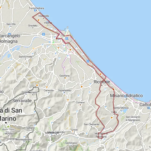 Karttaminiaatyyri "Gravel Reitti 65 km Riccionen ympäri" pyöräilyinspiraatiosta alueella Emilia-Romagna, Italy. Luotu Tarmacs.app pyöräilyreittisuunnittelijalla