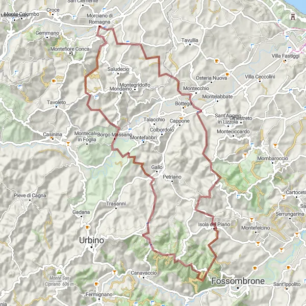 Zemljevid v pomanjšavi "Gravelna kolesarska pot do Morciana di Romagna" kolesarske inspiracije v Emilia-Romagna, Italy. Generirano z načrtovalcem kolesarskih poti Tarmacs.app