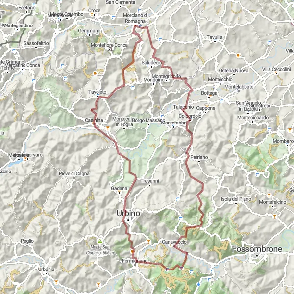 Kartminiatyr av "Naturskjønn gravel tur fra Morciano di Romagna" sykkelinspirasjon i Emilia-Romagna, Italy. Generert av Tarmacs.app sykkelrutoplanlegger