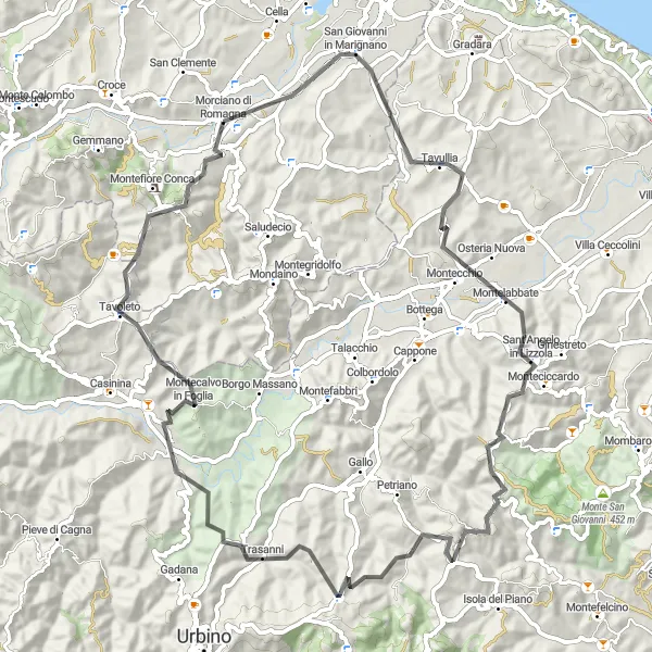 Kartminiatyr av "Kustlinjen och Medeltida Borgar" cykelinspiration i Emilia-Romagna, Italy. Genererad av Tarmacs.app cykelruttplanerare