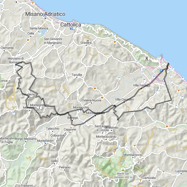 Map miniature of "The Romagna Rollercoaster" cycling inspiration in Emilia-Romagna, Italy. Generated by Tarmacs.app cycling route planner