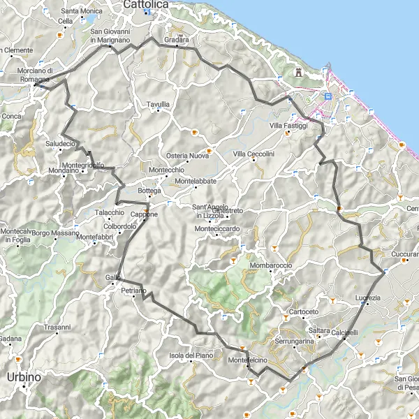 Miniature de la carte de l'inspiration cycliste "Parcours Historique de l'Emilia-Romagna" dans la Emilia-Romagna, Italy. Générée par le planificateur d'itinéraire cycliste Tarmacs.app