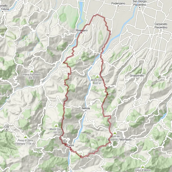 Miniature de la carte de l'inspiration cycliste "Boucle gravel de Ponte dell'Olio à Niviano via Monte Santo" dans la Emilia-Romagna, Italy. Générée par le planificateur d'itinéraire cycliste Tarmacs.app