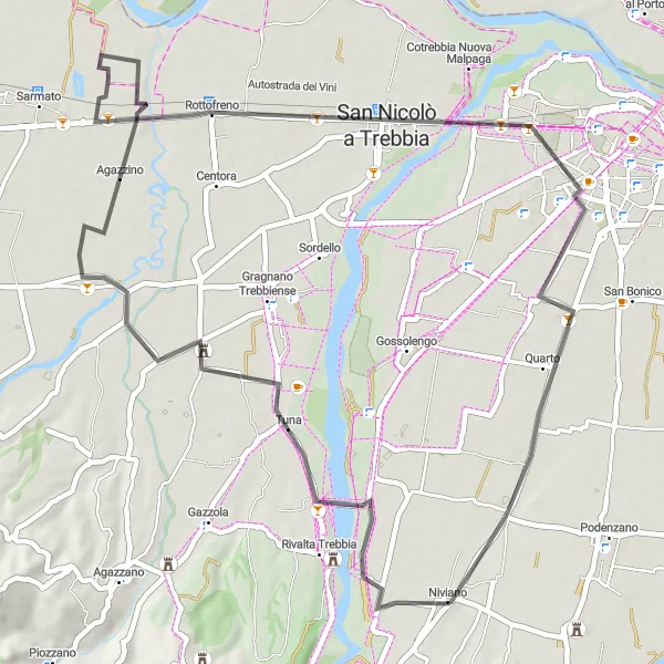 Karten-Miniaturansicht der Radinspiration "Charme der Piacenza Hügel" in Emilia-Romagna, Italy. Erstellt vom Tarmacs.app-Routenplaner für Radtouren