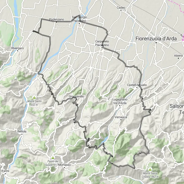 Miniatura della mappa di ispirazione al ciclismo "Giro Panoramico delle Colline Piacentine" nella regione di Emilia-Romagna, Italy. Generata da Tarmacs.app, pianificatore di rotte ciclistiche