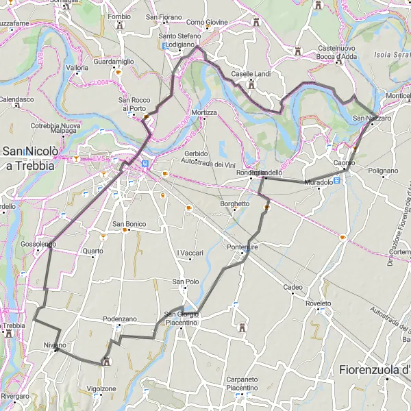 Mapa miniatúra "Trasa cez Piacenzu" cyklistická inšpirácia v Emilia-Romagna, Italy. Vygenerované cyklistickým plánovačom trás Tarmacs.app