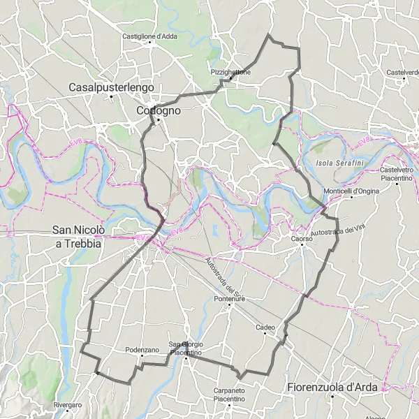 Mapa miniatúra "Cyklo trasa okolo Addy" cyklistická inšpirácia v Emilia-Romagna, Italy. Vygenerované cyklistickým plánovačom trás Tarmacs.app