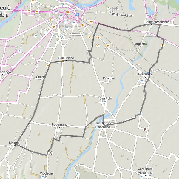 Mapa miniatúra "Okruh do kopcov okolo Niviana" cyklistická inšpirácia v Emilia-Romagna, Italy. Vygenerované cyklistickým plánovačom trás Tarmacs.app