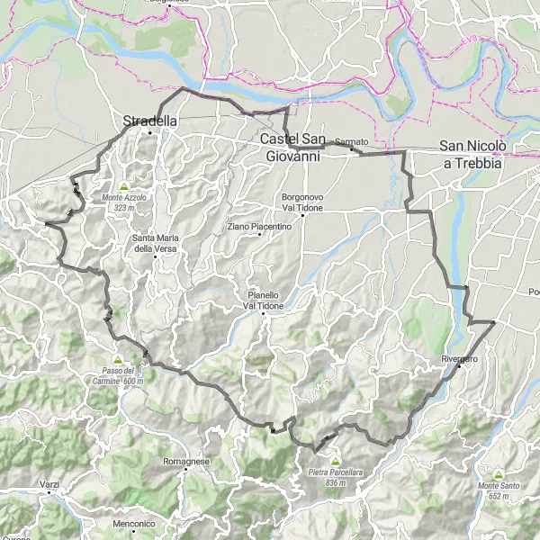 Mapa miniatúra "Výzva po kopcoch a doloch" cyklistická inšpirácia v Emilia-Romagna, Italy. Vygenerované cyklistickým plánovačom trás Tarmacs.app