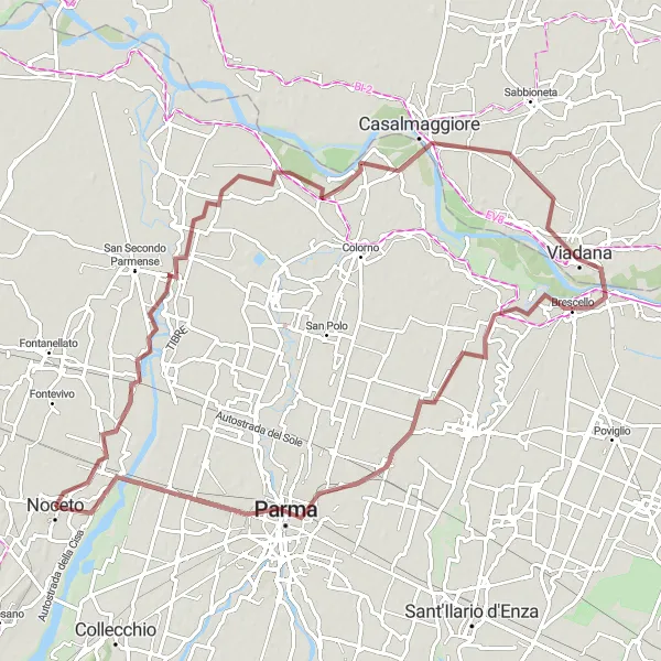 Mapa miniatúra "Gravel cyklotúra cez Brescello" cyklistická inšpirácia v Emilia-Romagna, Italy. Vygenerované cyklistickým plánovačom trás Tarmacs.app