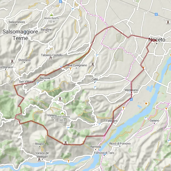 Miniature de la carte de l'inspiration cycliste "Tour des Montagnes de l'Emilia" dans la Emilia-Romagna, Italy. Générée par le planificateur d'itinéraire cycliste Tarmacs.app