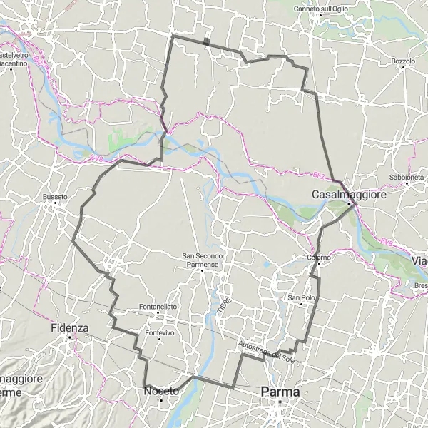 Zemljevid v pomanjšavi "Potovanje okoli Noceta" kolesarske inspiracije v Emilia-Romagna, Italy. Generirano z načrtovalcem kolesarskih poti Tarmacs.app