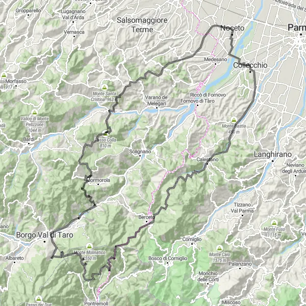 Kartminiatyr av "Utforsk Appenninene fra Noceto til Monte Calvo" sykkelinspirasjon i Emilia-Romagna, Italy. Generert av Tarmacs.app sykkelrutoplanlegger