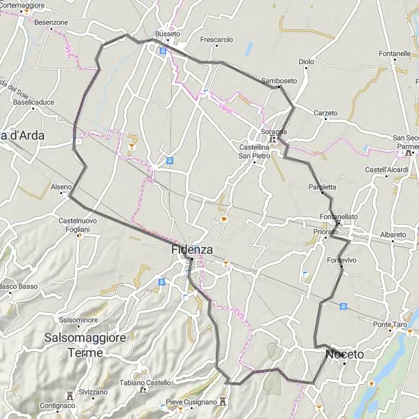 Miniatua del mapa de inspiración ciclista "Ruta en Carretera por los alrededores de Noceto" en Emilia-Romagna, Italy. Generado por Tarmacs.app planificador de rutas ciclistas