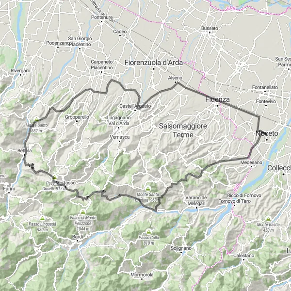 Map miniature of "Mountaineer's Challenge" cycling inspiration in Emilia-Romagna, Italy. Generated by Tarmacs.app cycling route planner