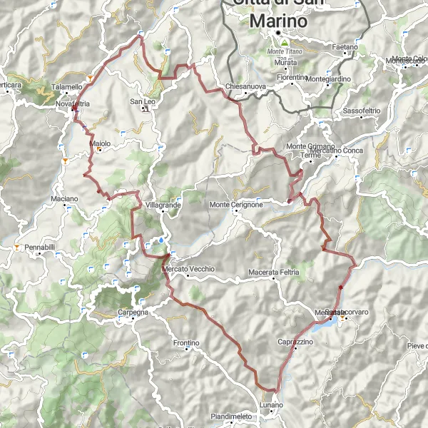 Map miniature of "The Extreme Gravel Challenge - Novafeltria to Sassocorvaro" cycling inspiration in Emilia-Romagna, Italy. Generated by Tarmacs.app cycling route planner