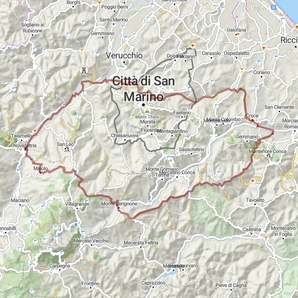 Kartminiatyr av "Utforsk grusveier rundt Novafeltria" sykkelinspirasjon i Emilia-Romagna, Italy. Generert av Tarmacs.app sykkelrutoplanlegger