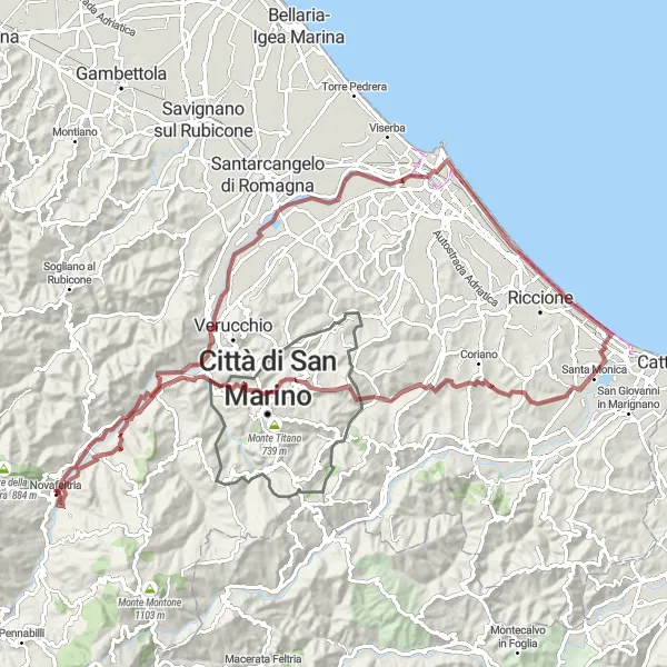 Kartminiatyr av "Grusvei eventyr nær Novafeltria" sykkelinspirasjon i Emilia-Romagna, Italy. Generert av Tarmacs.app sykkelrutoplanlegger