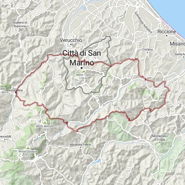 Mapa miniatúra "Okruh cez Monte Faggiola" cyklistická inšpirácia v Emilia-Romagna, Italy. Vygenerované cyklistickým plánovačom trás Tarmacs.app