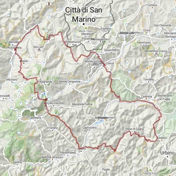 Miniature de la carte de l'inspiration cycliste "Exploration Gravel: Secchiano à Monte Palazzolo" dans la Emilia-Romagna, Italy. Générée par le planificateur d'itinéraire cycliste Tarmacs.app