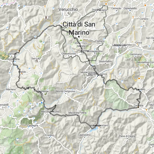Mapa miniatúra "Jazda z Novafeltrie po ceste" cyklistická inšpirácia v Emilia-Romagna, Italy. Vygenerované cyklistickým plánovačom trás Tarmacs.app