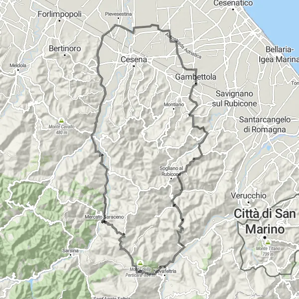 Kartminiatyr av "Spelano and San Vittore Circuit" sykkelinspirasjon i Emilia-Romagna, Italy. Generert av Tarmacs.app sykkelrutoplanlegger