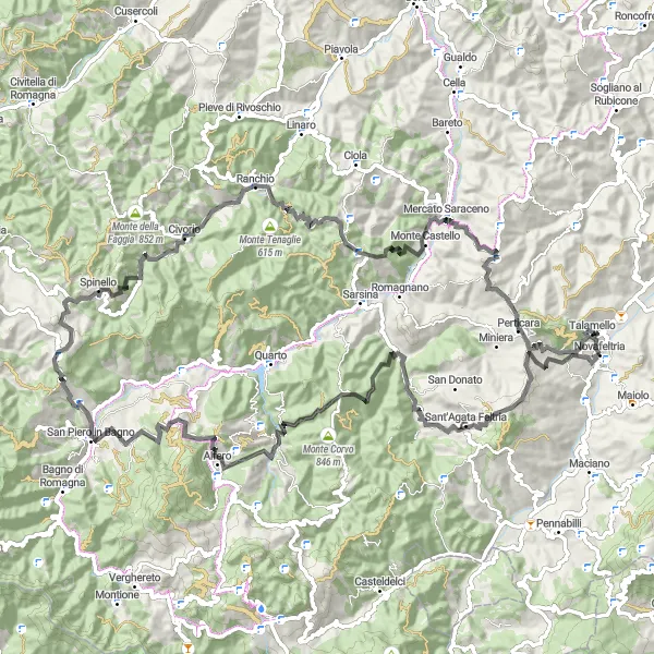 Map miniature of "Novafeltria and the Peaks of Romagna" cycling inspiration in Emilia-Romagna, Italy. Generated by Tarmacs.app cycling route planner